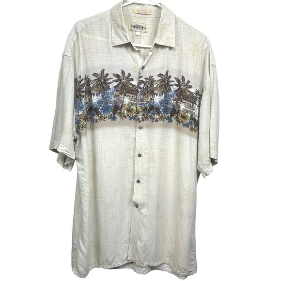 Campia Vintage Cream Tropical Palm Tree Print Short Sleeve Button Up Shirt Large - Picture 1 of 8